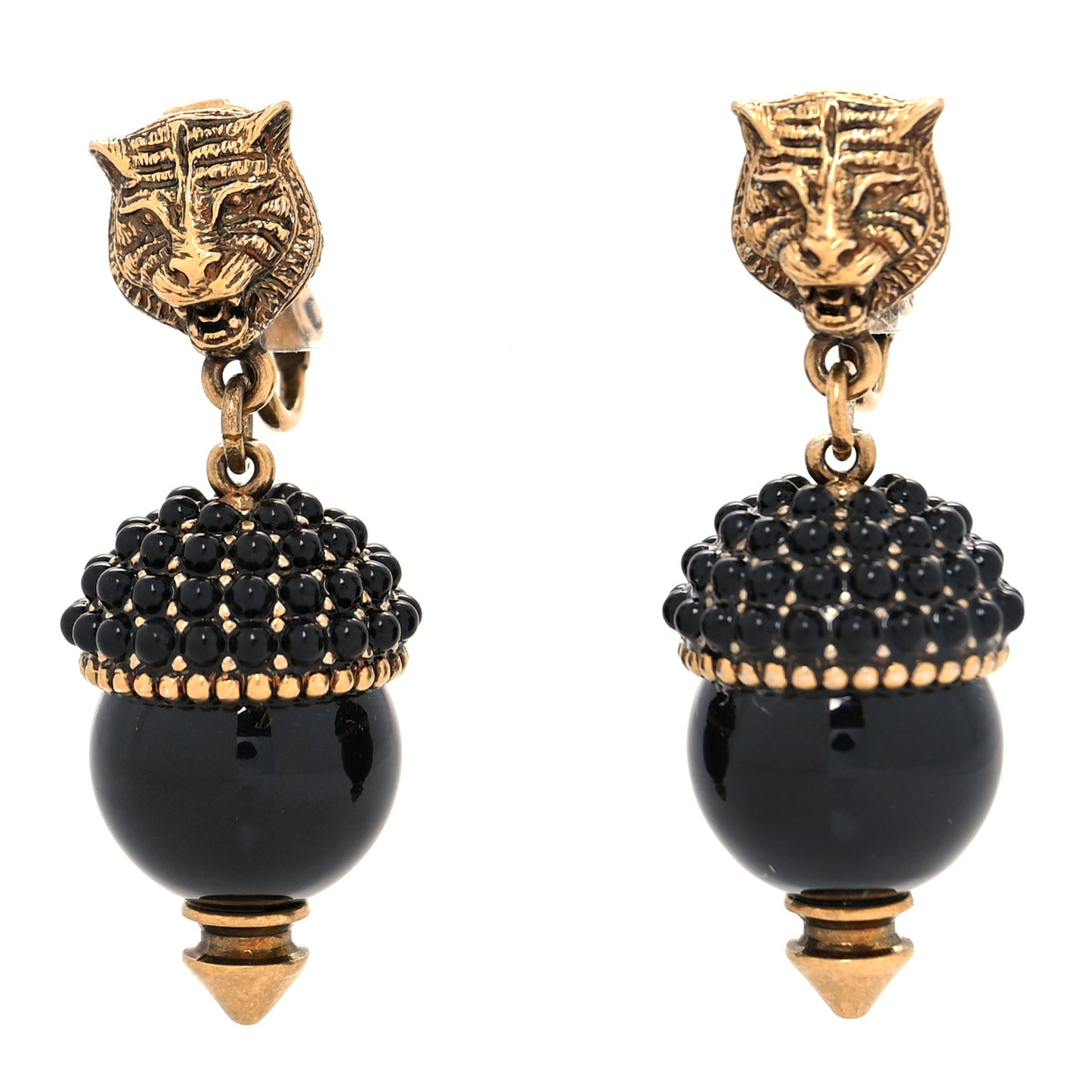 Metal Resin Pearl Feline Clip On Earrings Aged Gold Black