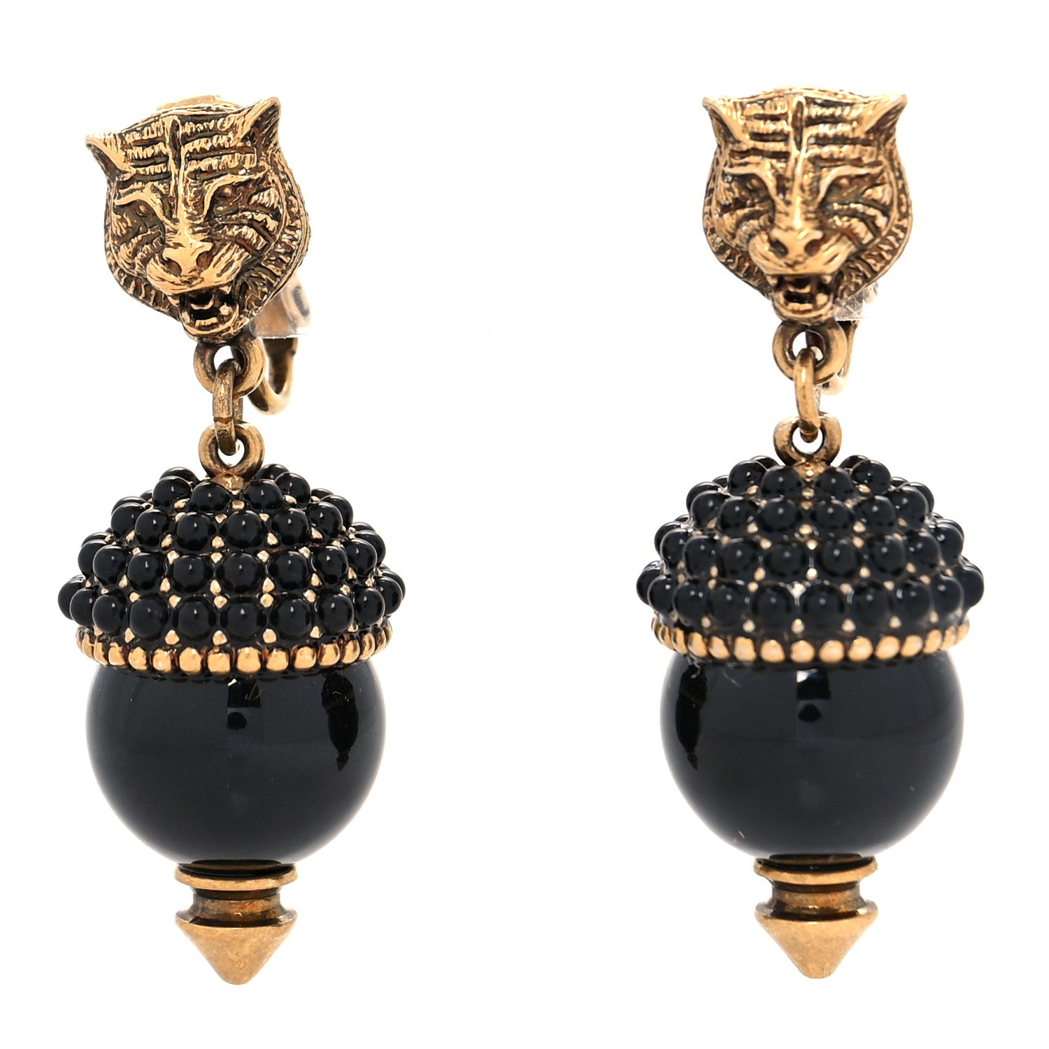 Gucci Metal Resin Pearl Feline Clip On Earrings Aged Gold Black 1 of 4