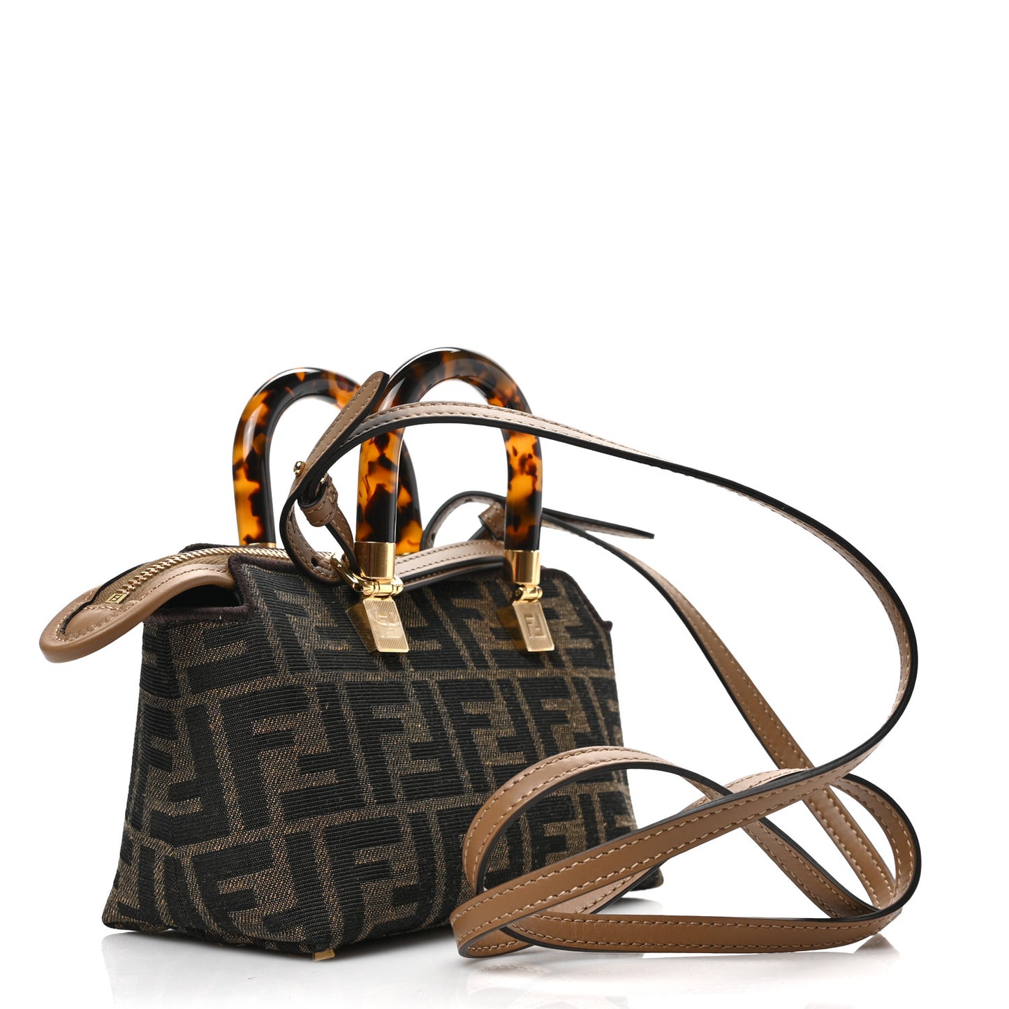 Fabric Jacquard Vitello King Plexiglass FF 1974 Logo Embroidered Mini By The Way Top Handle Boston Bag Tobacco Moro Sand
