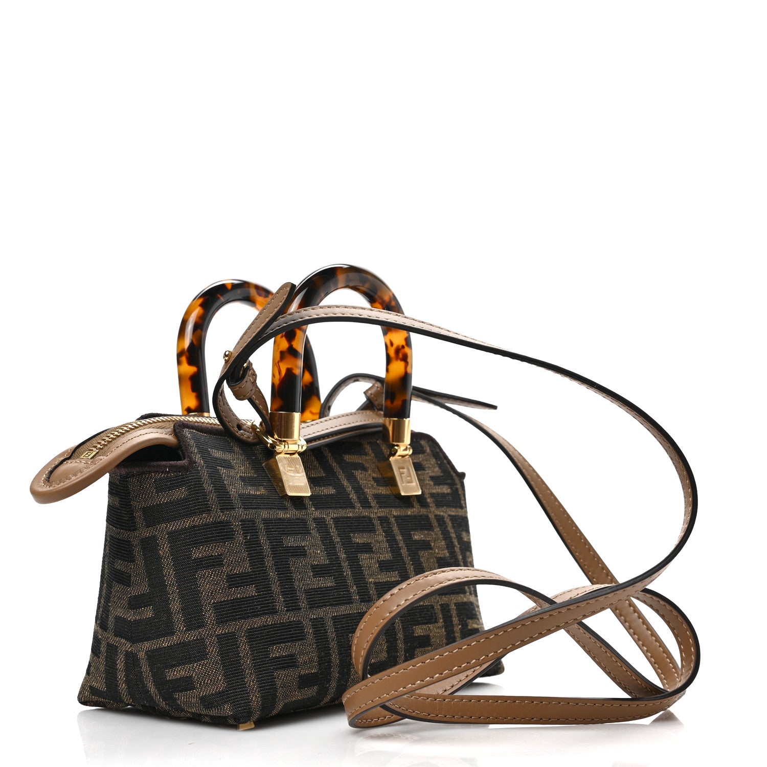 Fendi Fabric Jacquard Vitello King Plexiglass FF 1974 Logo Embroidered Mini By The Way Top Handle Boston Bag Tobacco Moro Sand 3 of 8