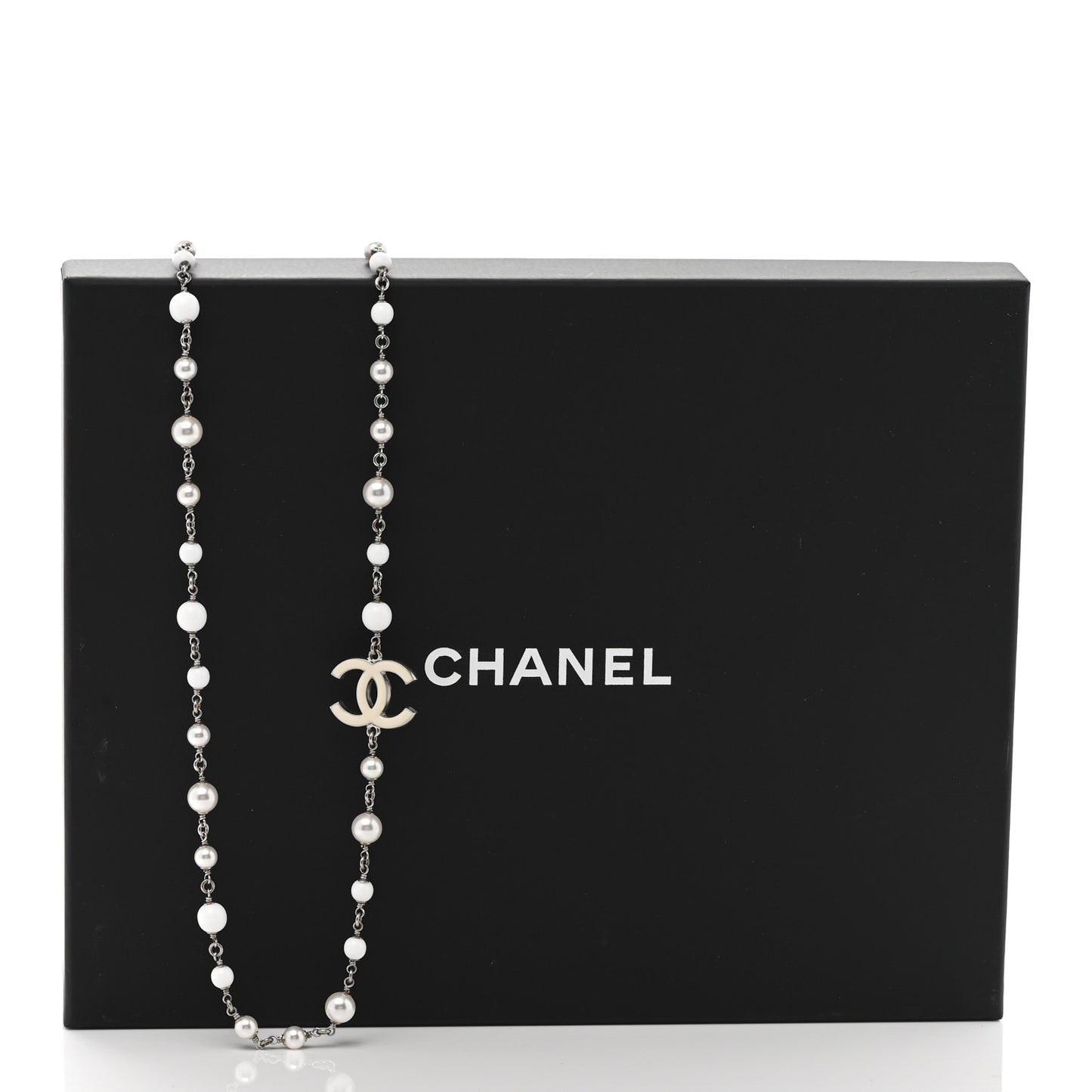 Pearl Beaded Enamel CC Long Necklace White