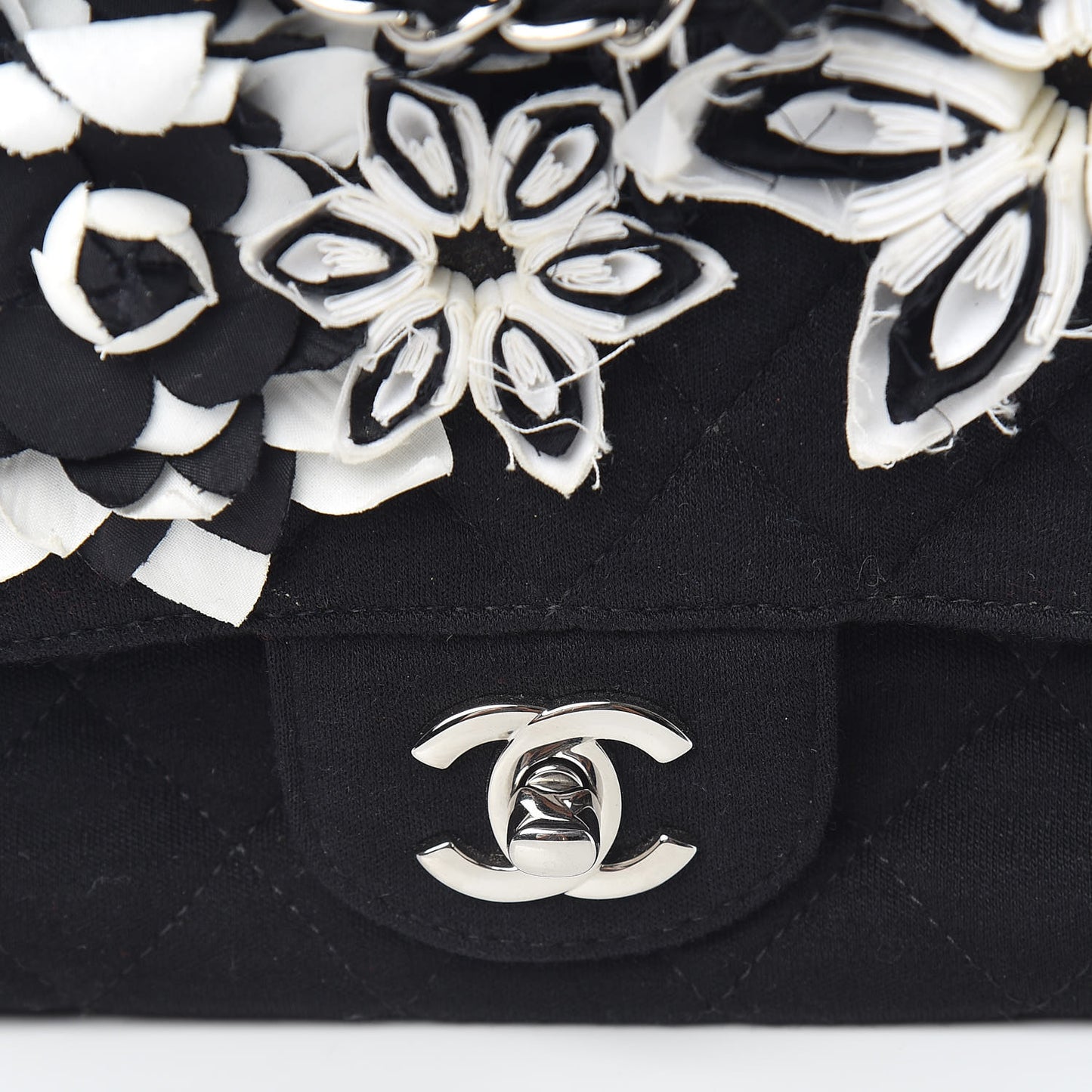 Jersey Quilted Embroidered Floral Medium Single Flap Black