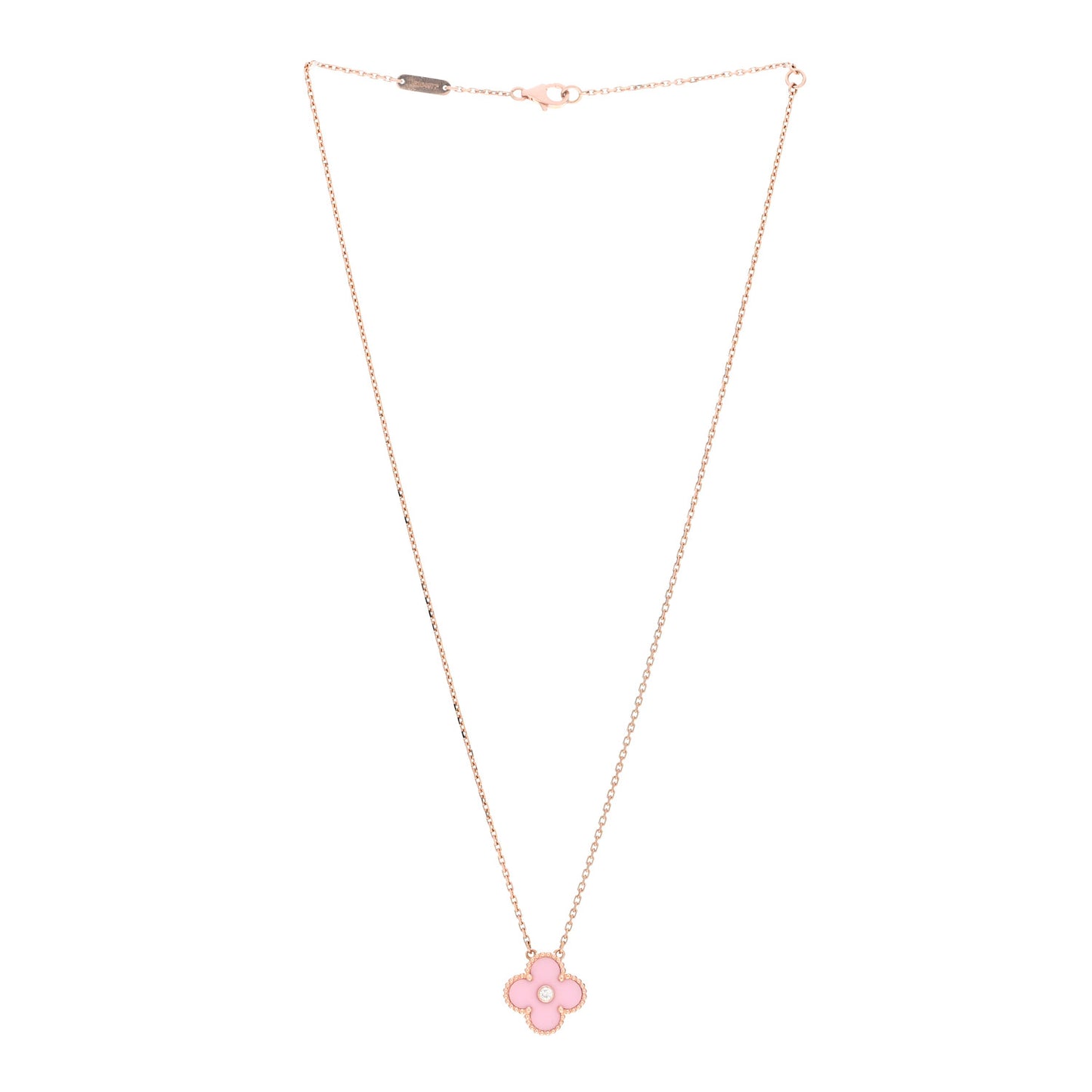 18K Rose Gold Diamond Pink Porcelain Vintage Alhambra Pendant Necklace