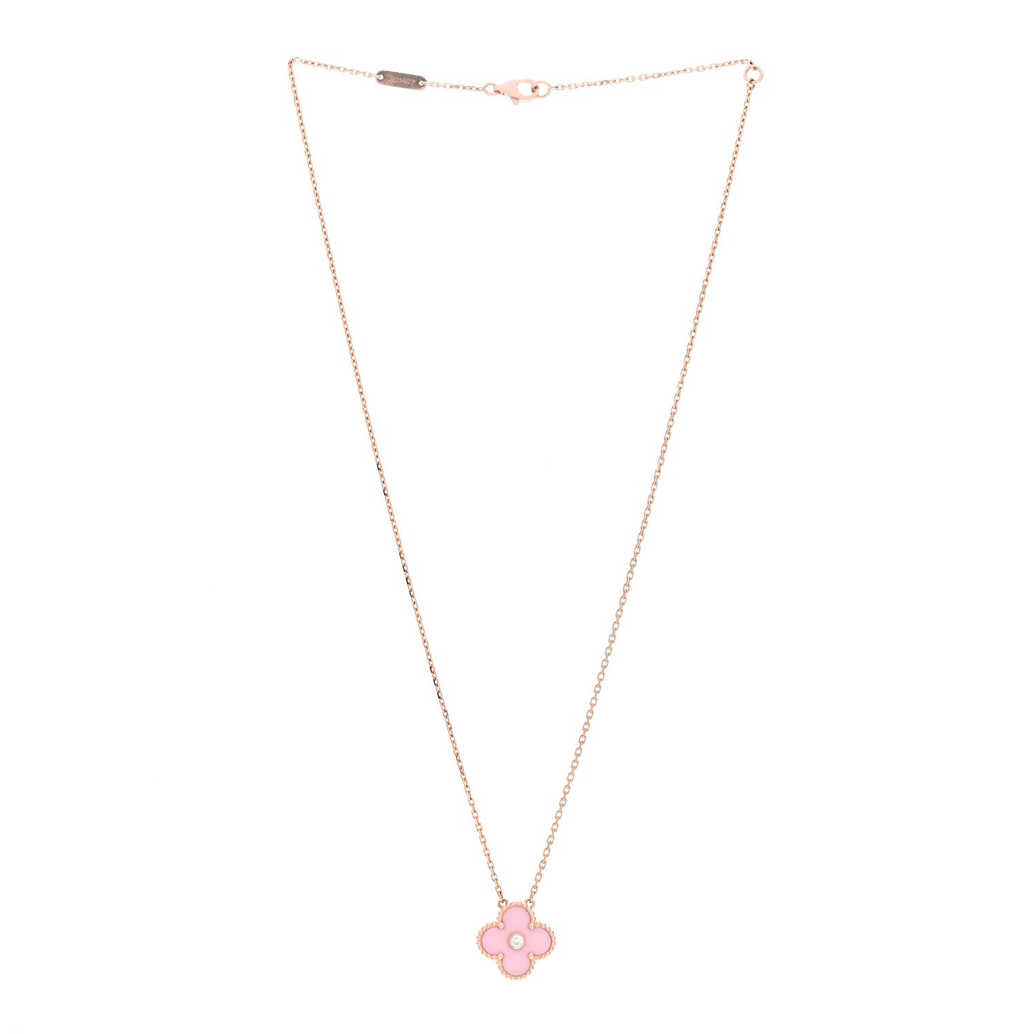 Van Cleef & Arpels 18K Rose Gold Diamond Pink Porcelain Vintage Alhambra Pendant Necklace 3 of 5