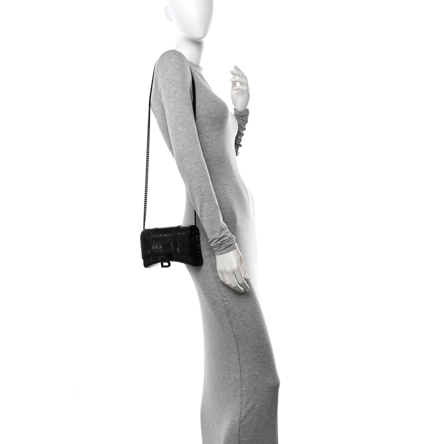 Shiny Calfskin Monochrome Crocodile Embossed Hourglass Chain Bag Black