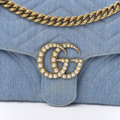 Gucci Denim Matelasse Small Pearly GG Marmont Shoulder Bag Blue 10 of 10