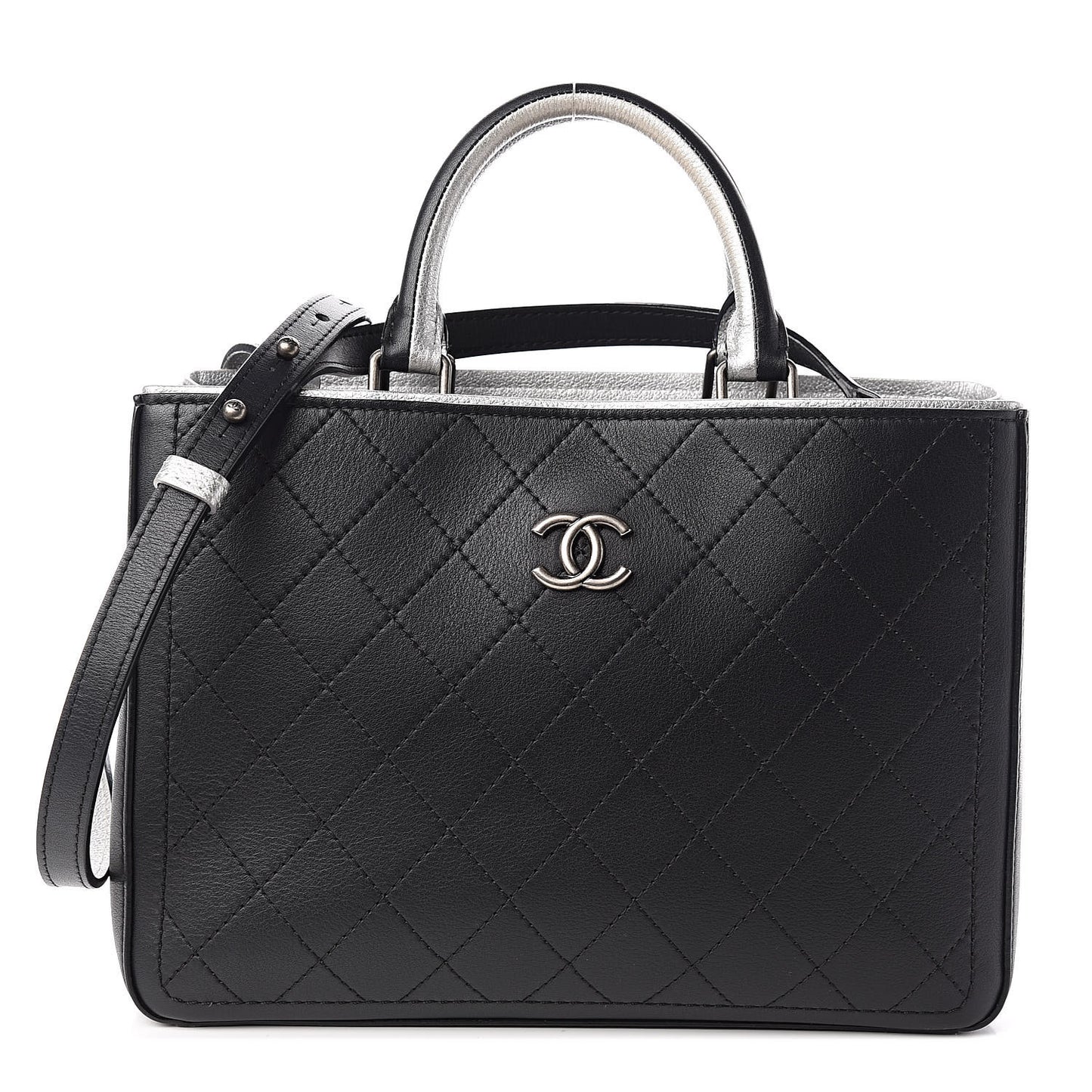 Bullskin Stitched Bi-Color Medium Shopping Tote Black Silver