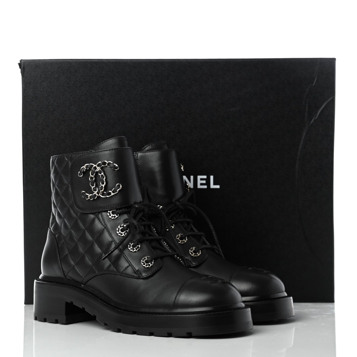 Shiny Lambskin Quilted Lace Up Combat Boots 38.5 Black