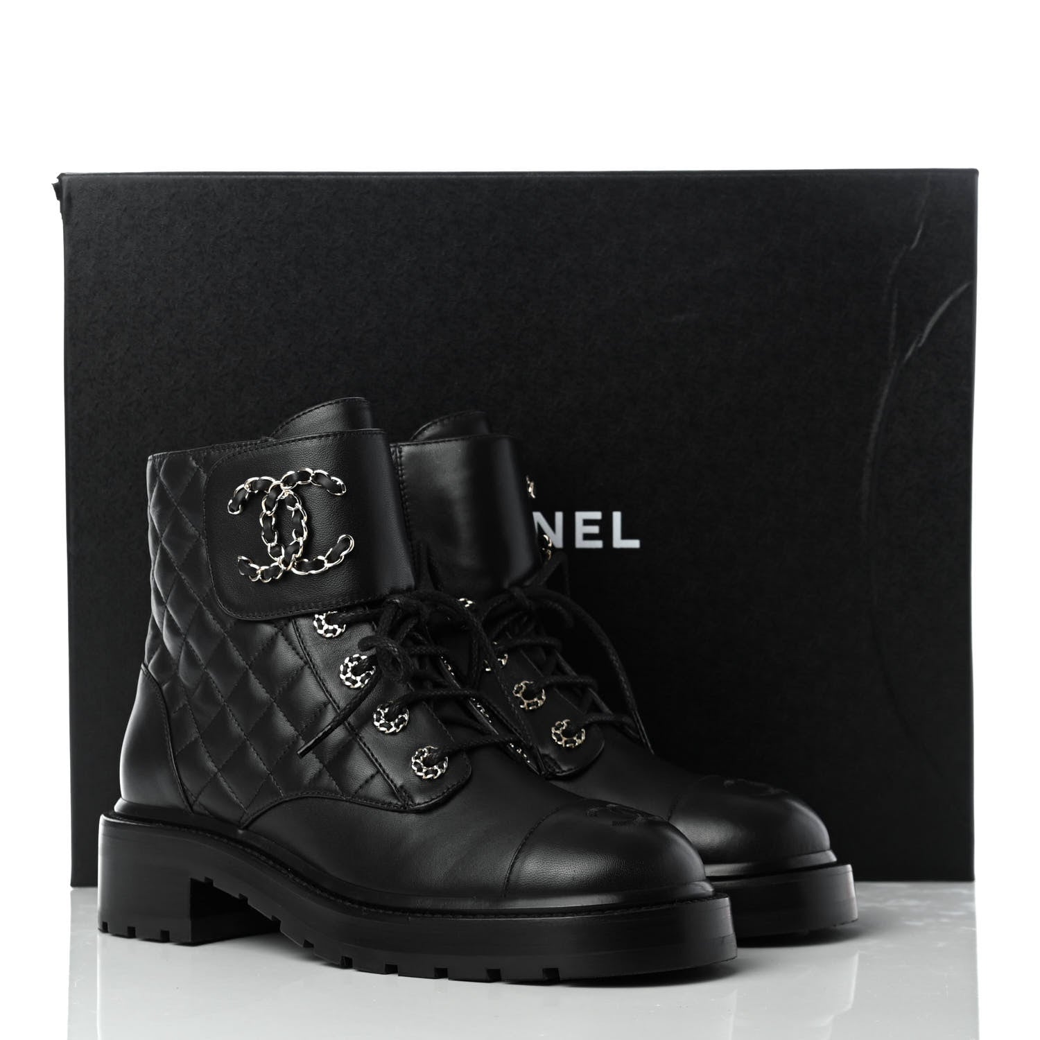 Chanel Shiny Lambskin Quilted Lace Up Combat Boots 38.5 Black 21 of 22