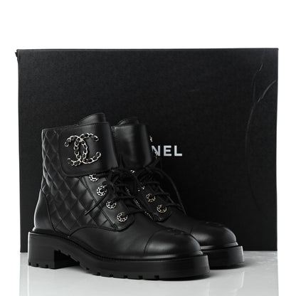 Chanel Shiny Lambskin Quilted Lace Up Combat Boots 38.5 Black 21 of 22