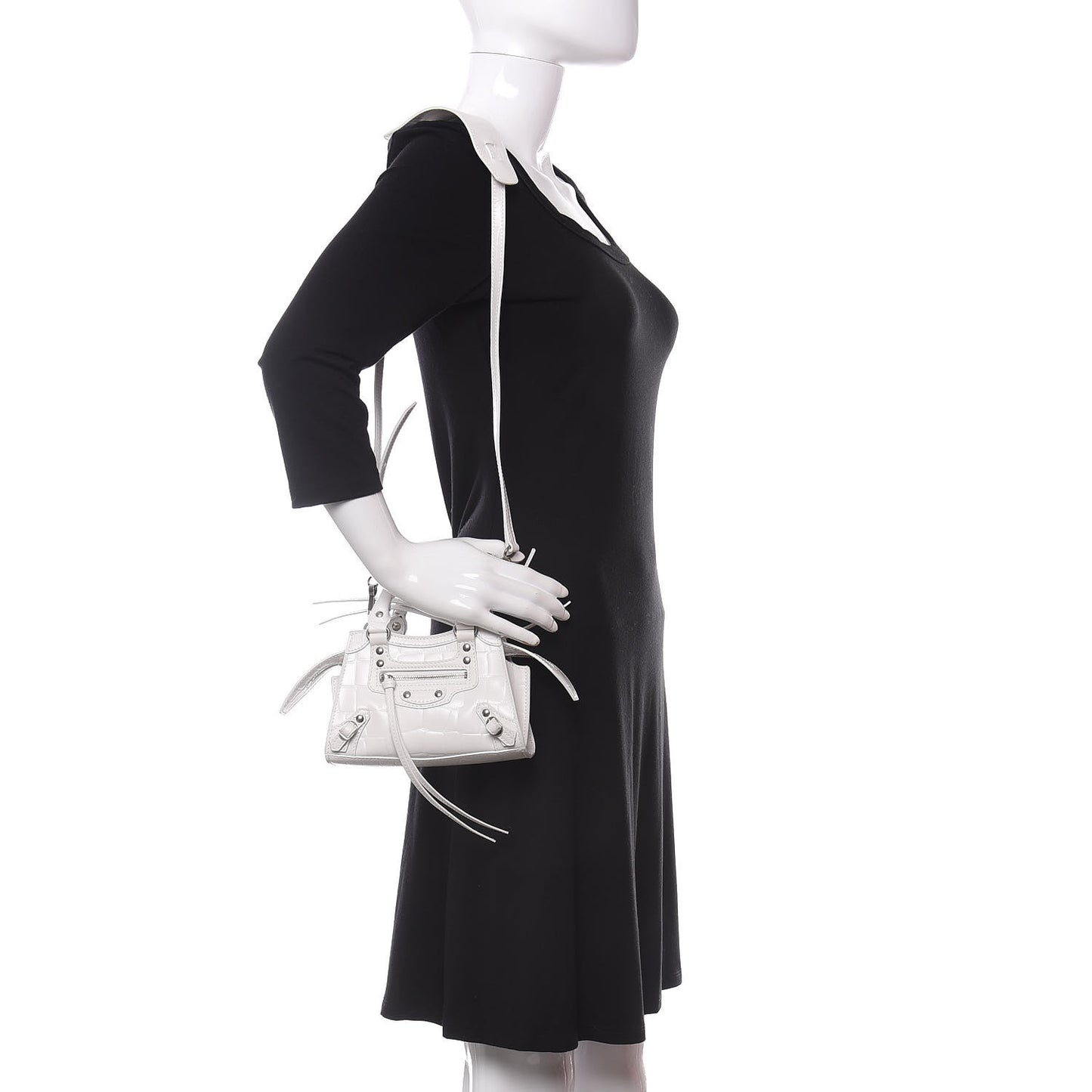 Semi Shiny Calfskin Crocodile Embossed Neo Classic Silver Hardware Nano City Crossbody White
