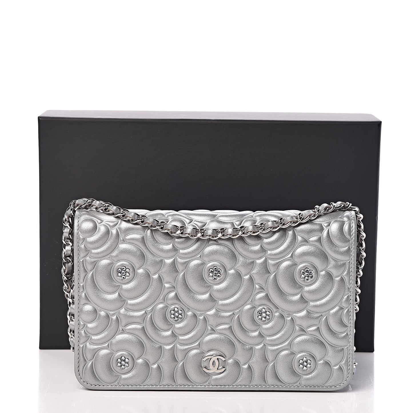 Metallic Lambskin Camellia Crystal Wallet on Chain WOC Silver