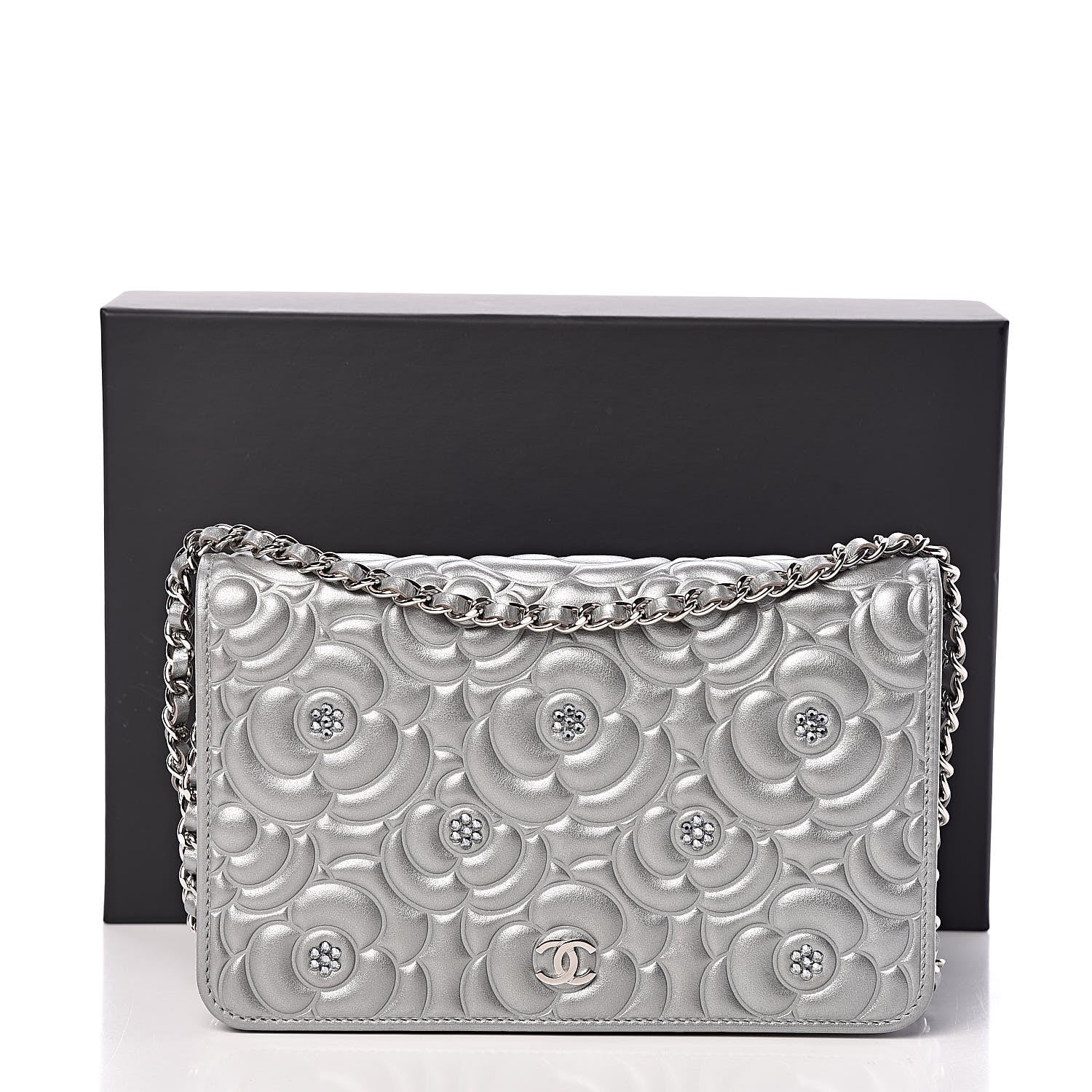 Chanel Metallic Lambskin Camellia Crystal Wallet on Chain WOC Silver 14 of 14