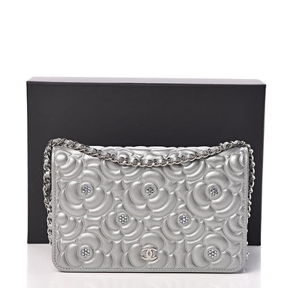 Chanel Metallic Lambskin Camellia Crystal Wallet on Chain WOC Silver 14 of 14