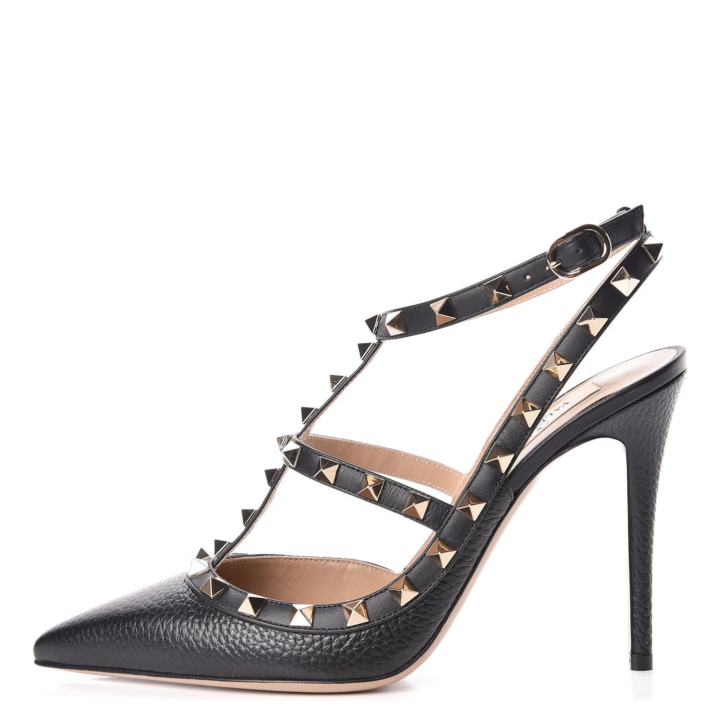 Pebbled Calfskin Rockstud Ankle Strap Pumps 39 Black