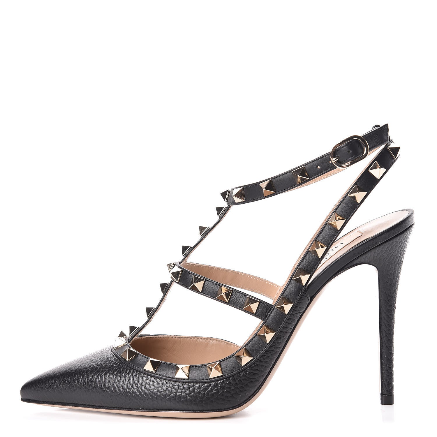 Valentino Garavani Pebbled Calfskin Rockstud Ankle Strap Pumps 39 Black 1 of 8