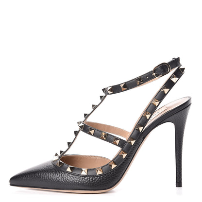 Valentino Garavani Pebbled Calfskin Rockstud Ankle Strap Pumps 39 Black 1 of 8