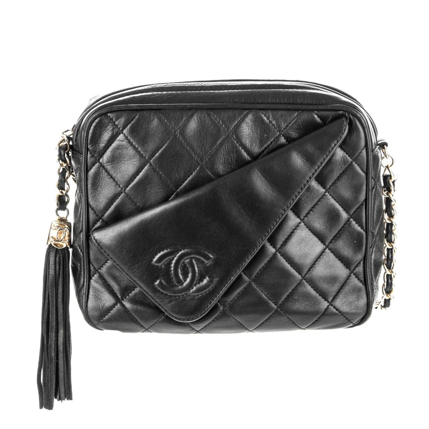 Lambskin Quilted Tassel Camera Case Black