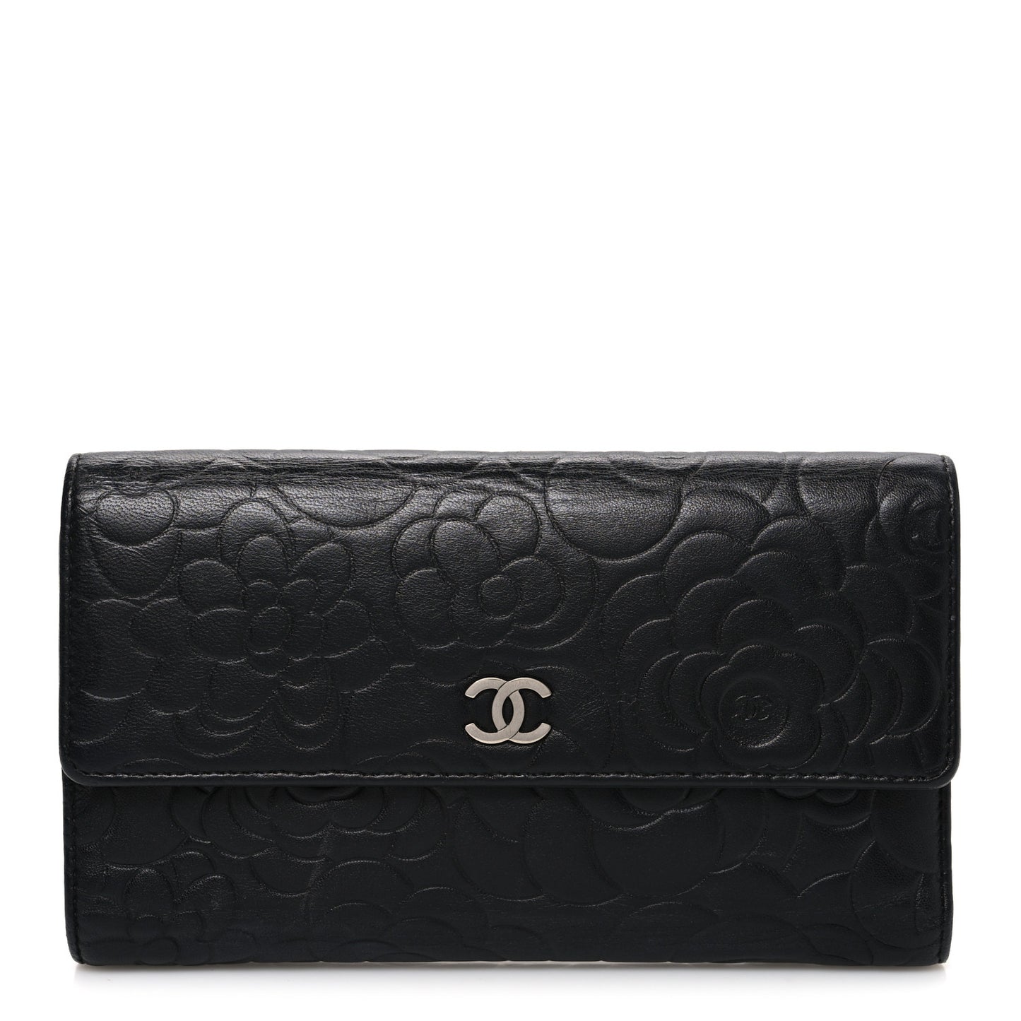 Lambskin Camellia Embossed Large Flap Wallet Black