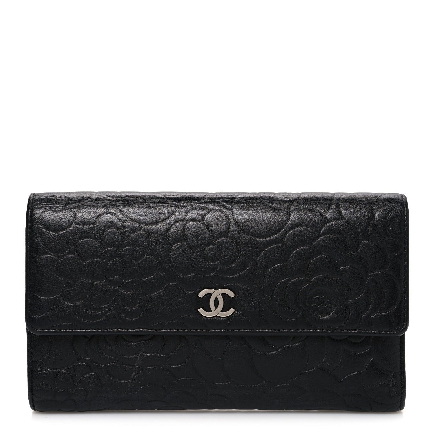 Chanel Lambskin Camellia Embossed Large Flap Wallet Black 1 of 8