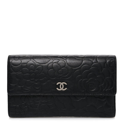 Chanel Lambskin Camellia Embossed Large Flap Wallet Black 1 of 8