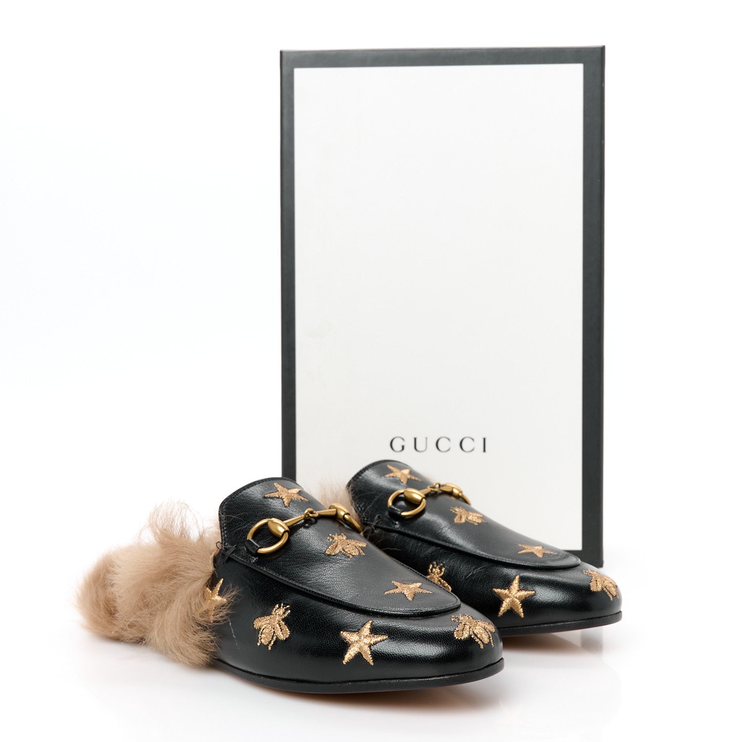 Gucci Goatskin Fur Bee Star Embroidered Womens Princetown Slippers 35.5 Black 9 of 9