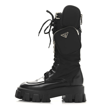 Prada Spazzolato Rois Re-Nylon Metal Triangle Logo Monolith Pouch Pocket 55mm Tall Combat Boots 39.5 Black 1 of 9