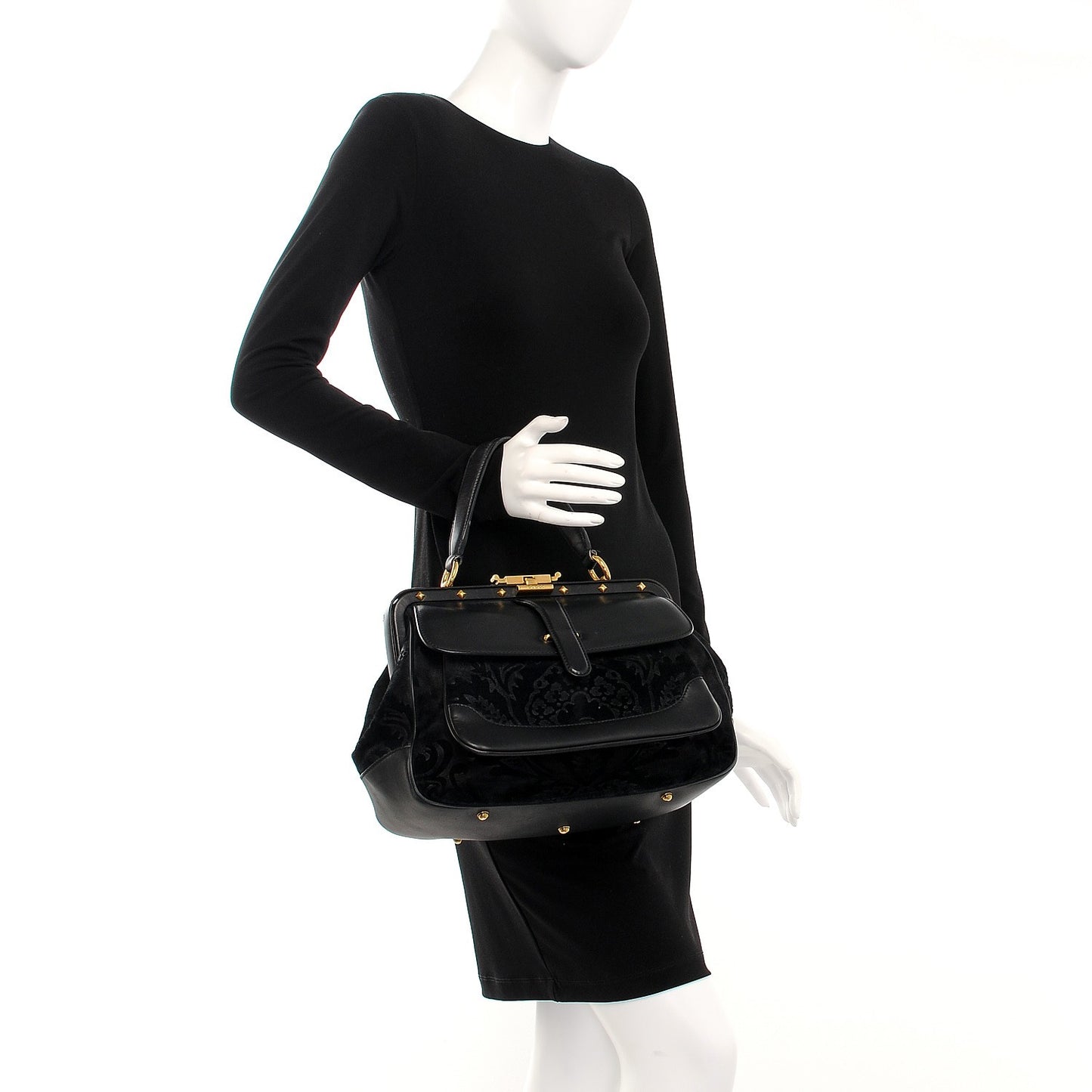 Nubuck Brocade Medium Lady Stirrup Top Handle Black