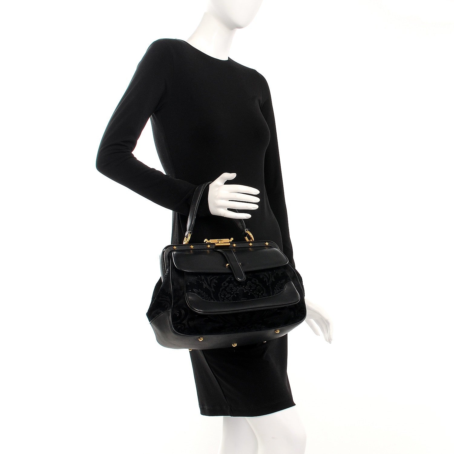 Gucci Nubuck Brocade Medium Lady Stirrup Top Handle Black 2 of 17