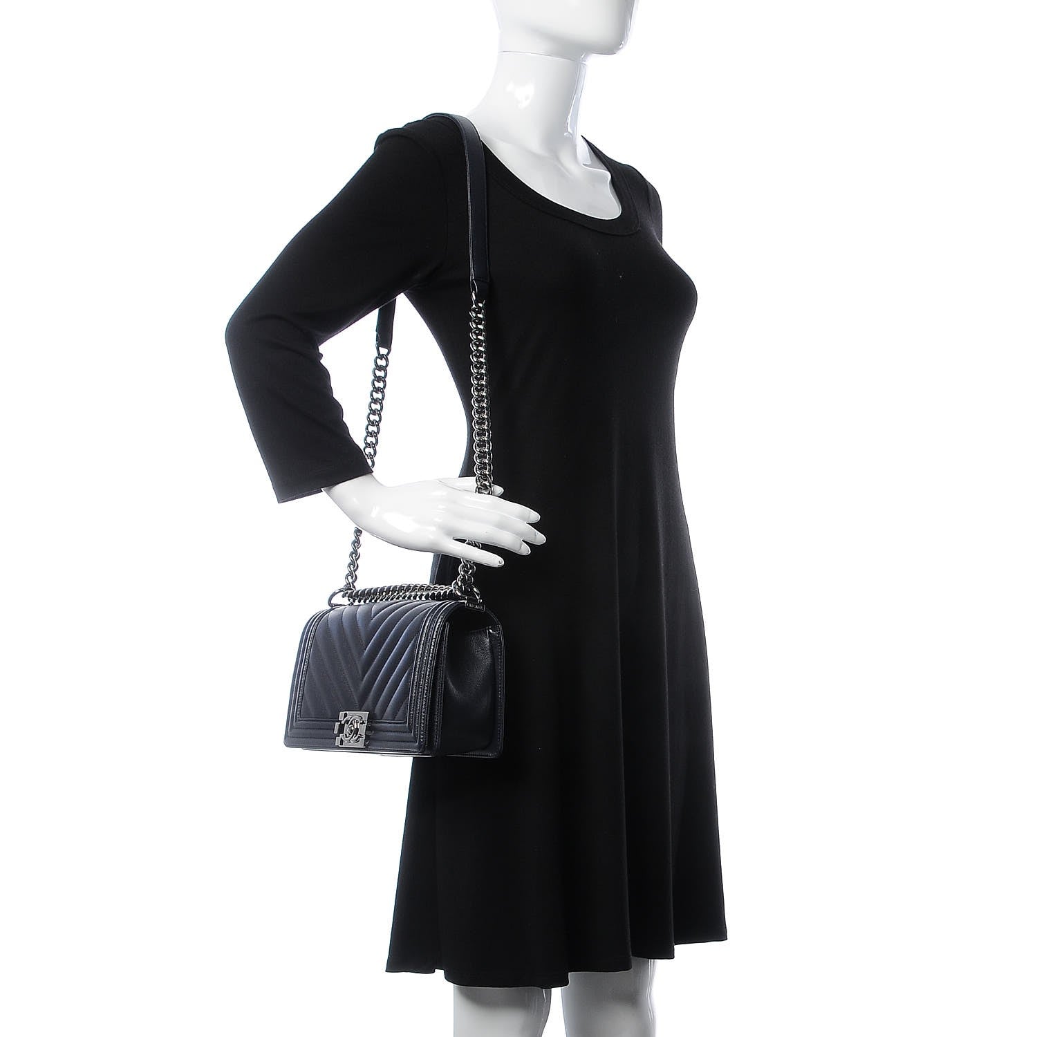 Chanel Caviar Chevron Quilted Medium Boy Flap Navy 2 of 10