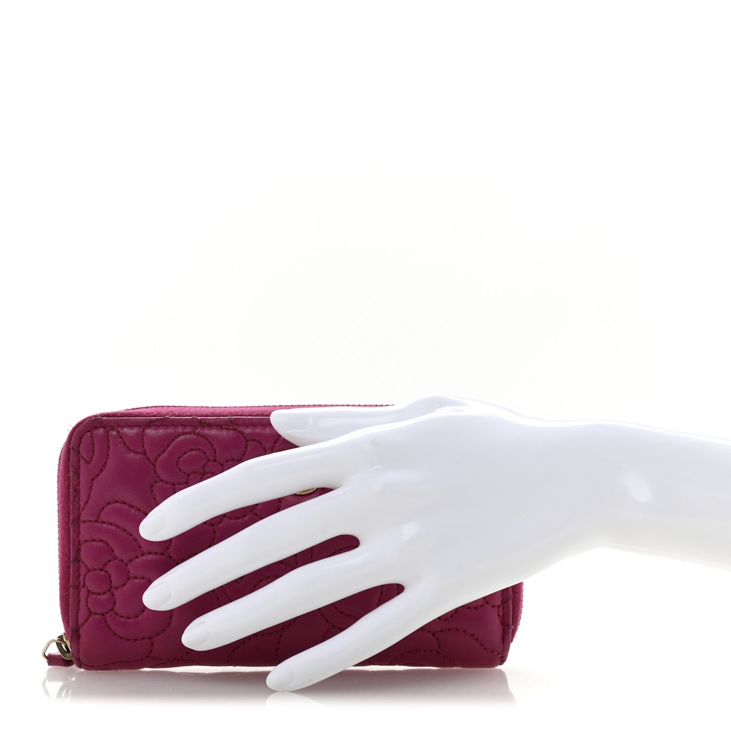 Lambskin Camellia Embossed Small Zip Around Wallet Dark Pink