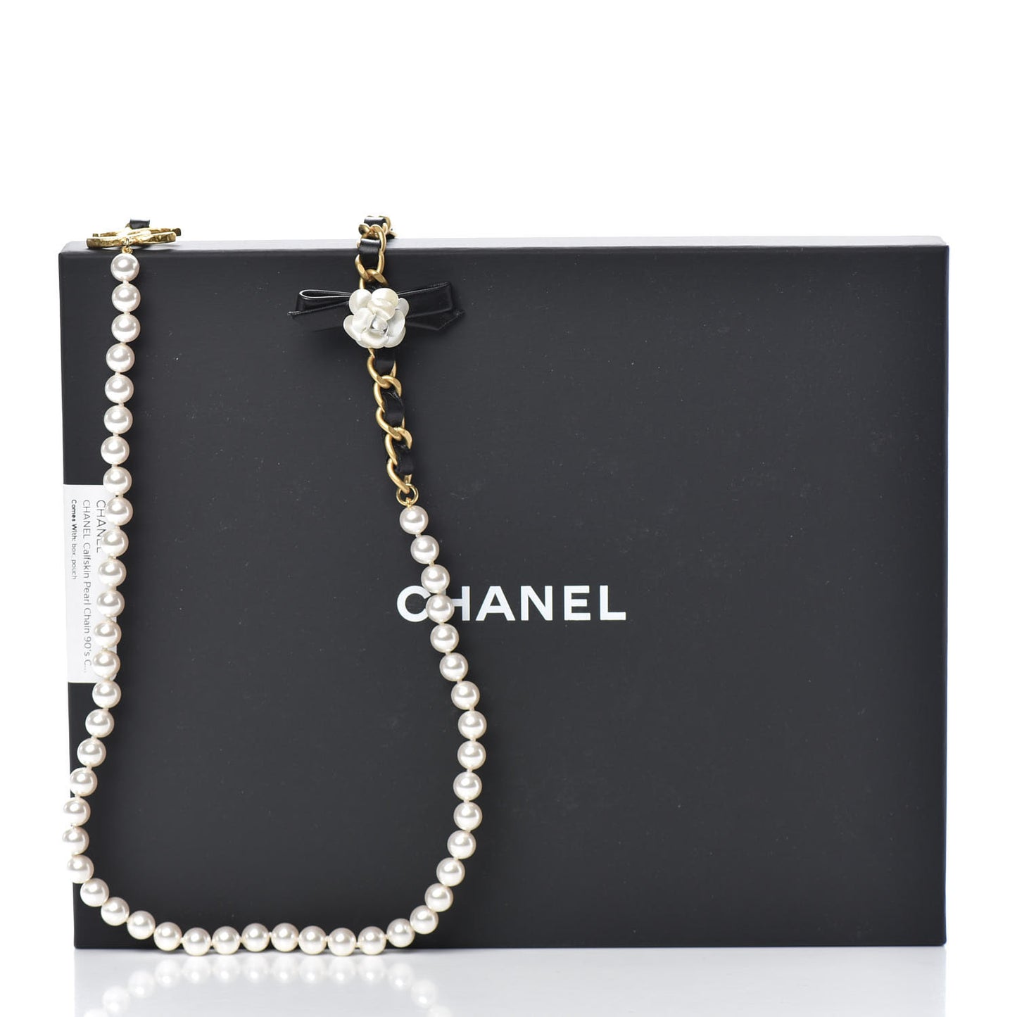 Calfskin Pearl Chain 90's Camellia Long Necklace Black Gold