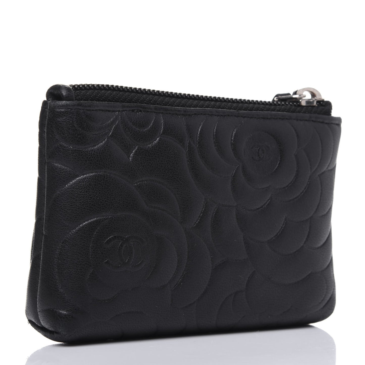 Lambskin Camellia Embossed Key Holder Case Black