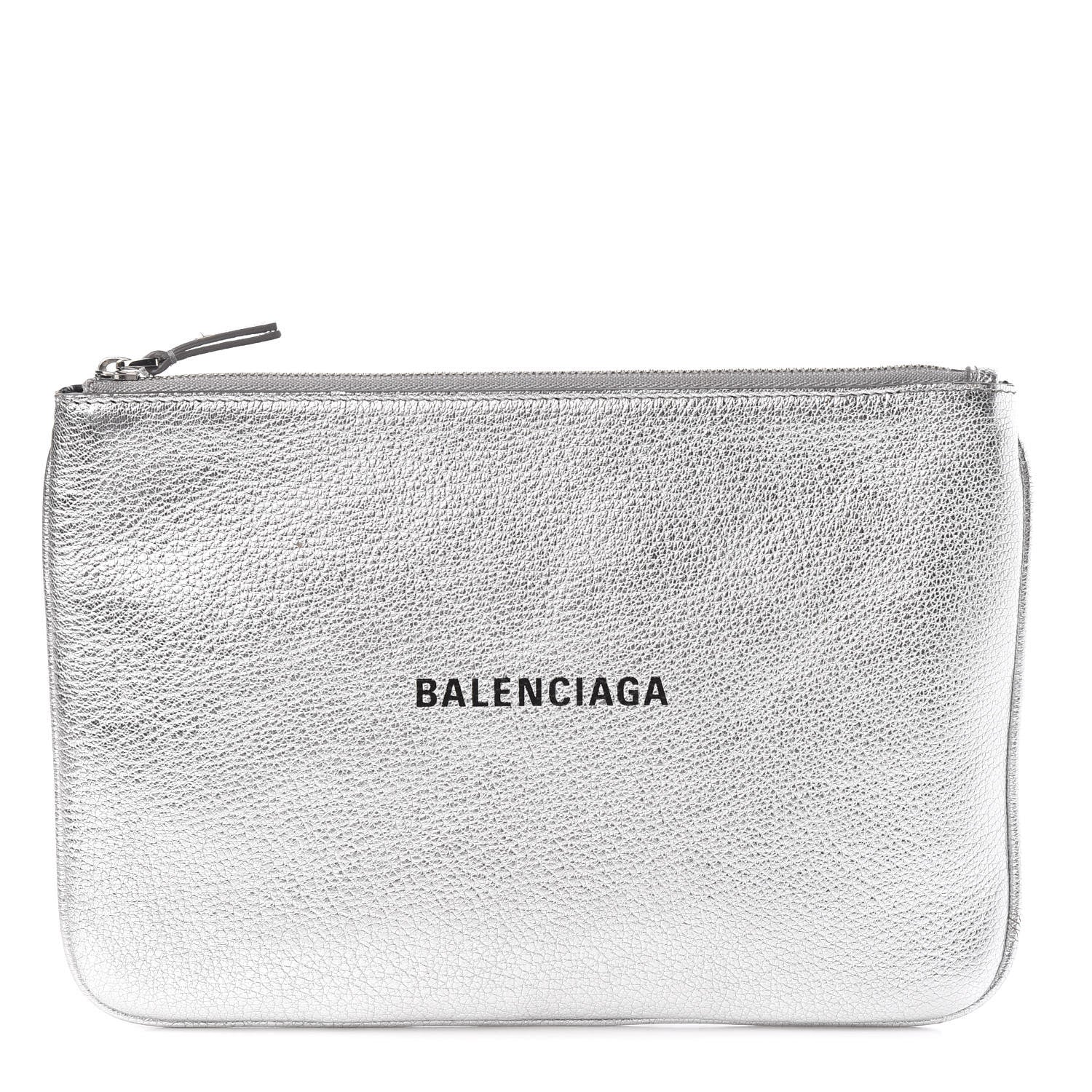 Balenciaga Metallic Goatskin Logo Large Everyday Zip Pouch Argent Black 1 of 6