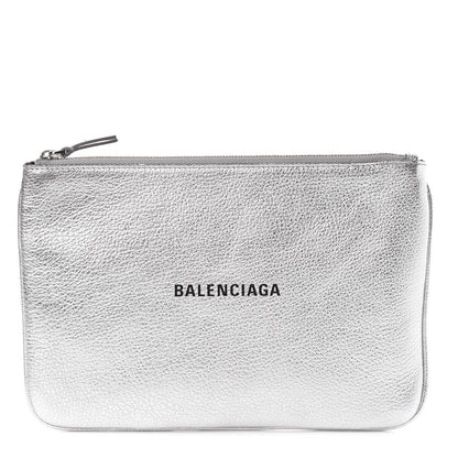 Balenciaga Metallic Goatskin Logo Large Everyday Zip Pouch Argent Black 1 of 6