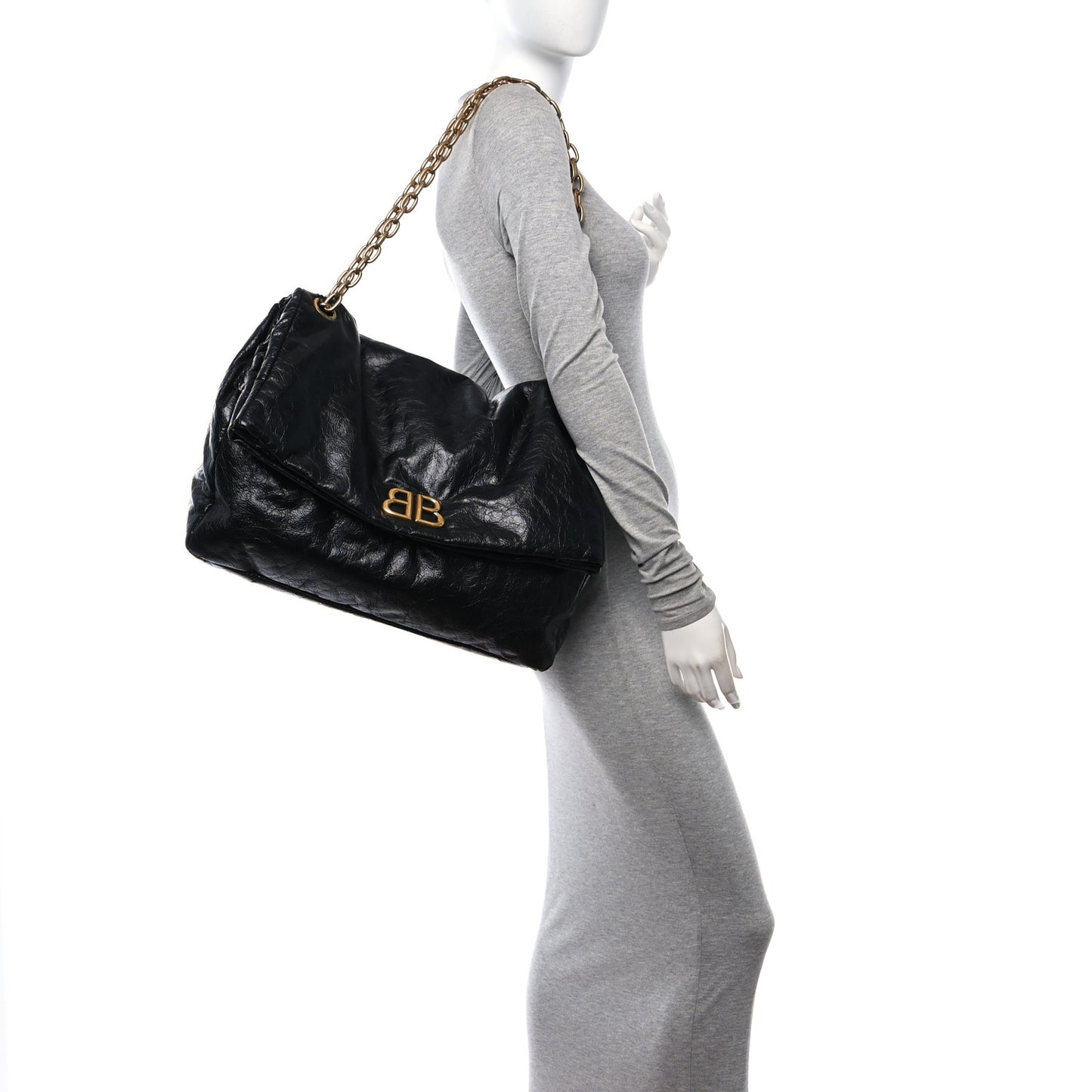 Arena Calfskin Large Monaco Chain Shoulder Bag Black