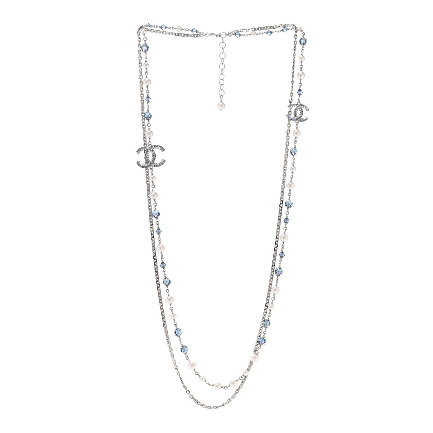 Pearl Crystal Bead CC Long Necklace Silver Blue