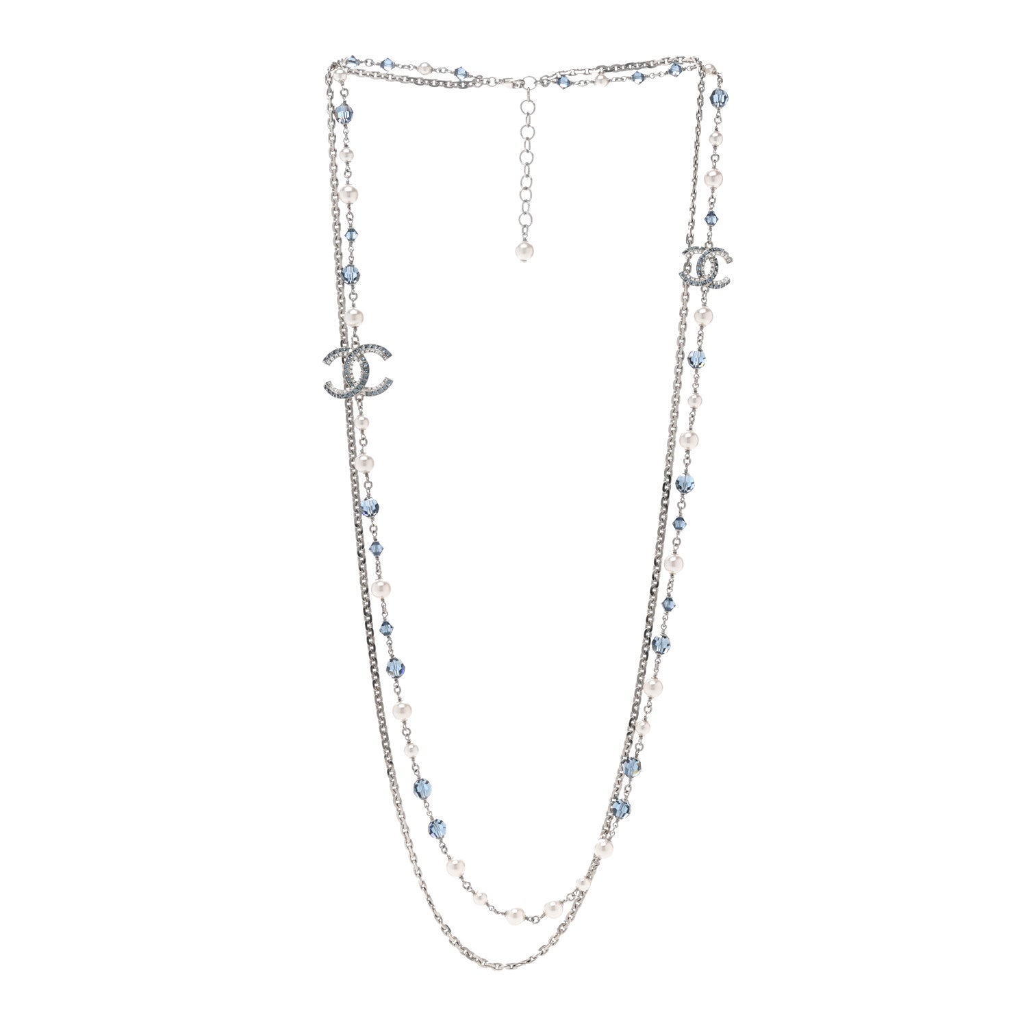 Chanel Pearl Crystal Bead CC Long Necklace Silver Blue 3 of 5