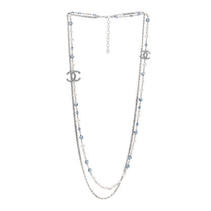 Chanel Pearl Crystal Bead CC Long Necklace Silver Blue 3 of 5