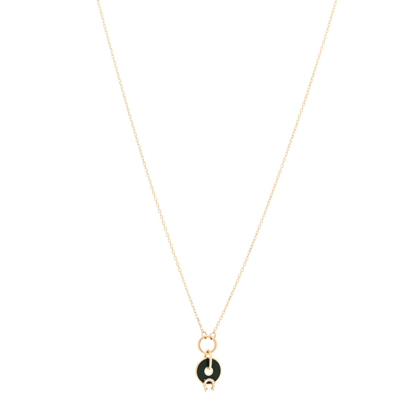 18K Yellow Gold Diamond Enamel Crescent Disk Charm Necklace Green