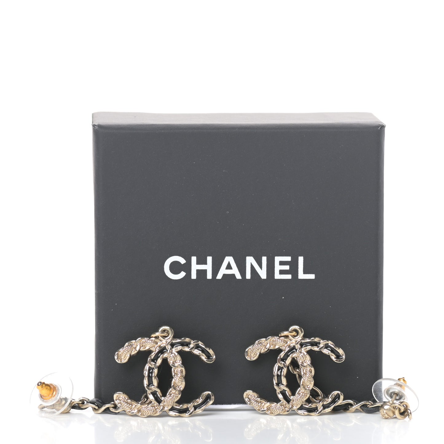 Lambskin Enamel Metal Chain French New Wave CC Drop Earrings Black Gold