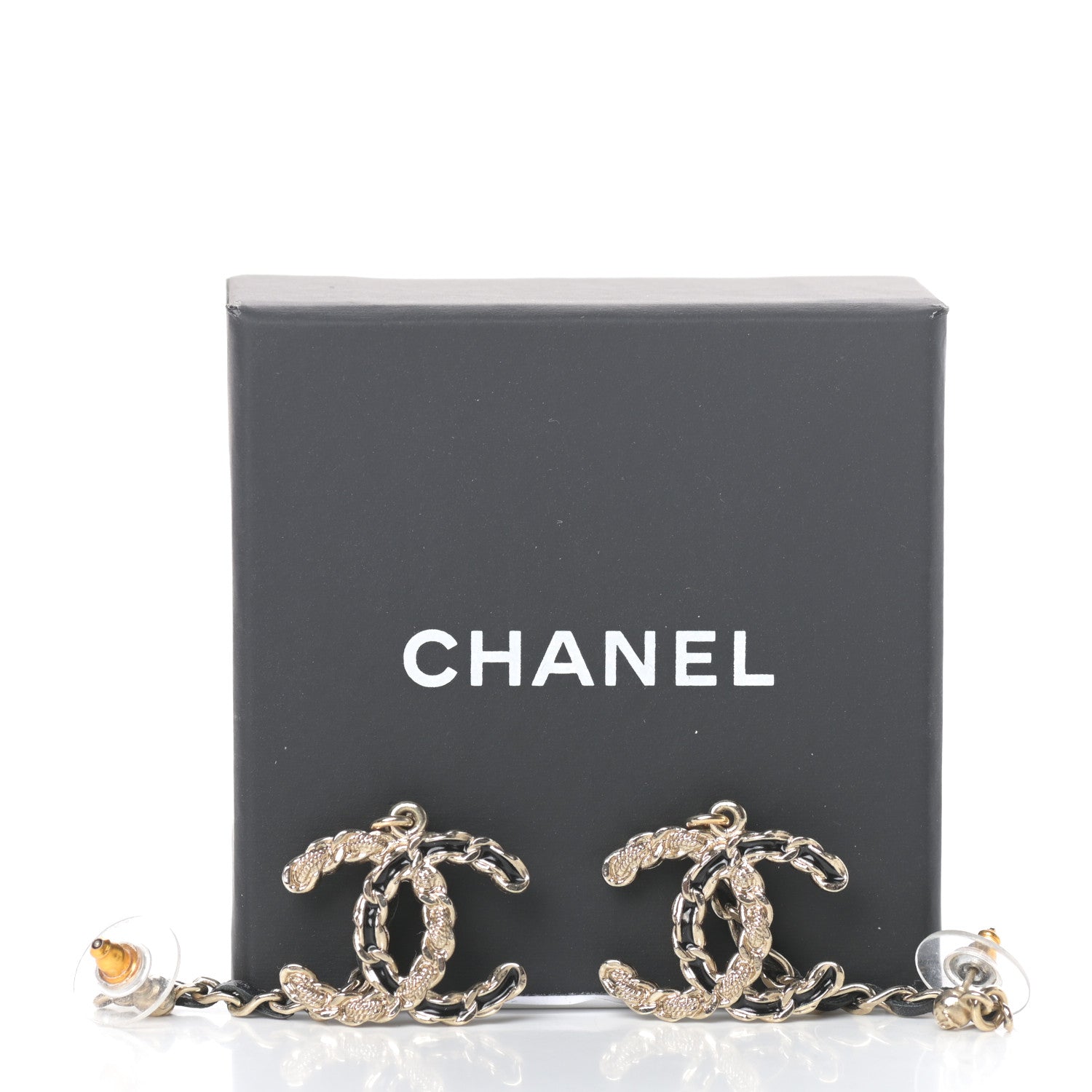 Chanel Lambskin Enamel Metal Chain French New Wave CC Drop Earrings Black Gold 5 of 5