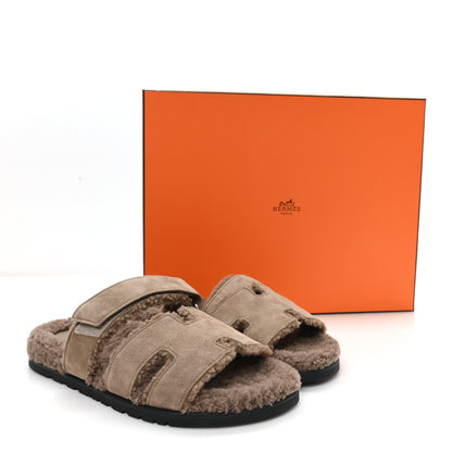 Hermes Suede Goatskin Woolskin Mens Chypre Sandals 42 Etoupe 9 of 9