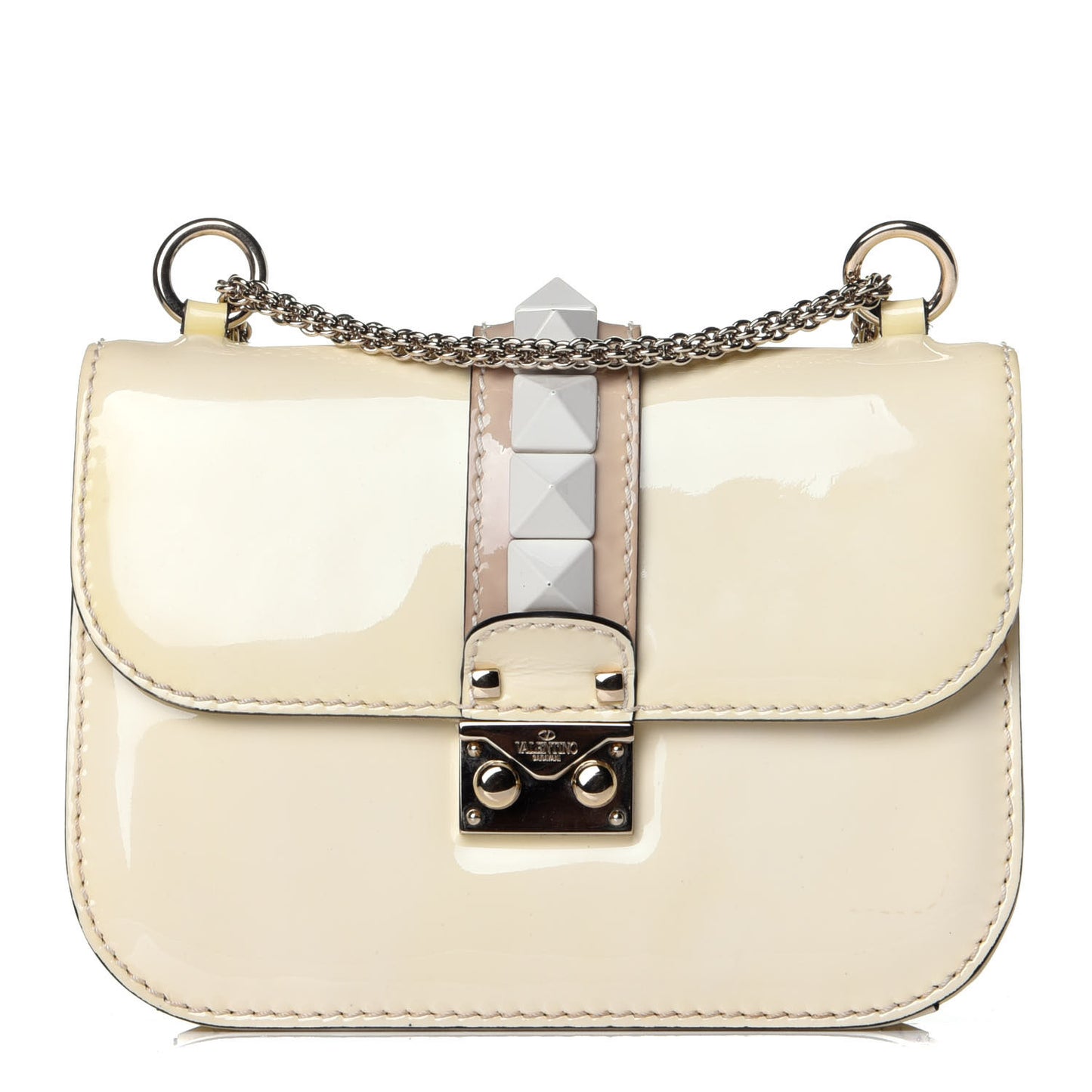 Patent Small Glam Lock Rockstud Flap Ivory