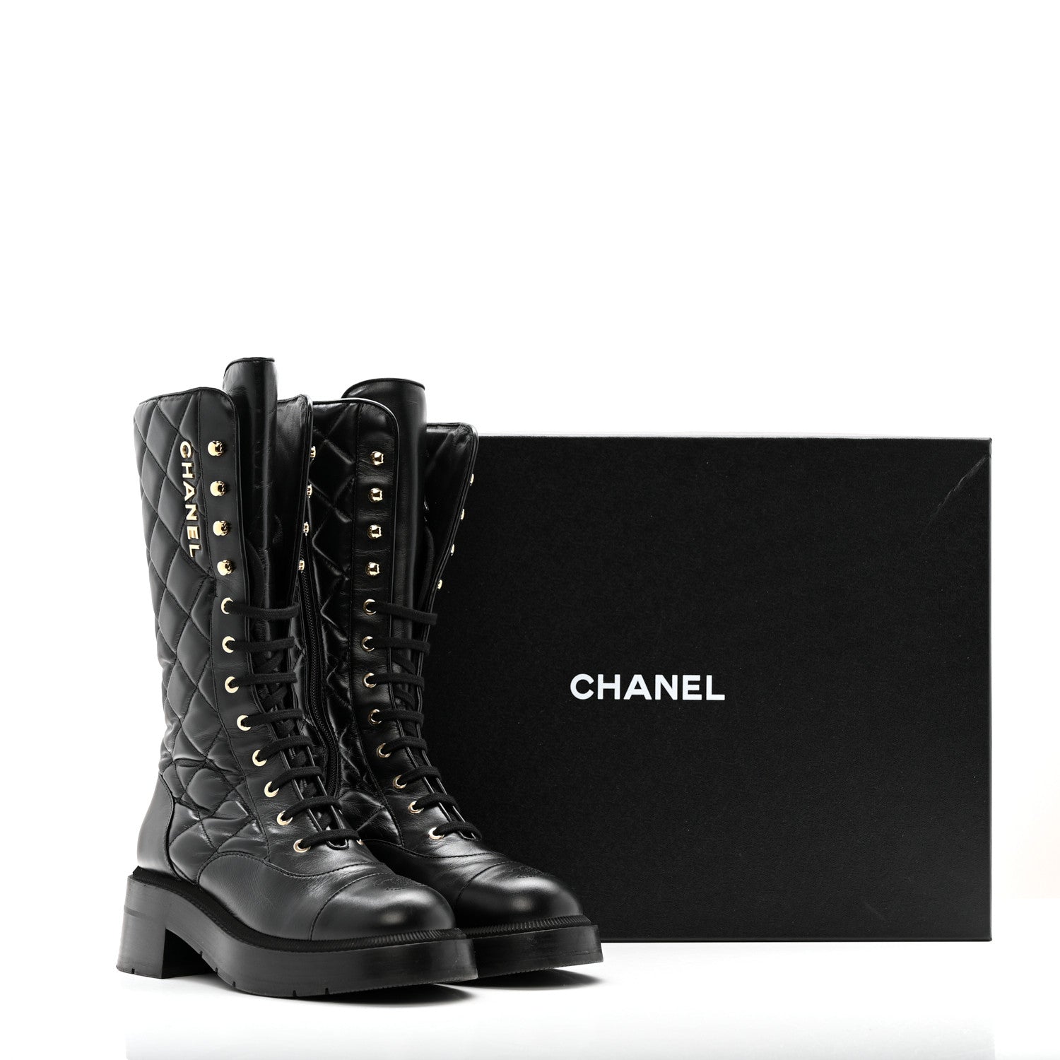 Chanel Calfskin Quilted Logo Lace Up Tall Combat Boots 37.5 Black 14 of 14