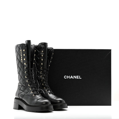 Chanel Calfskin Quilted Logo Lace Up Tall Combat Boots 37.5 Black 14 of 14
