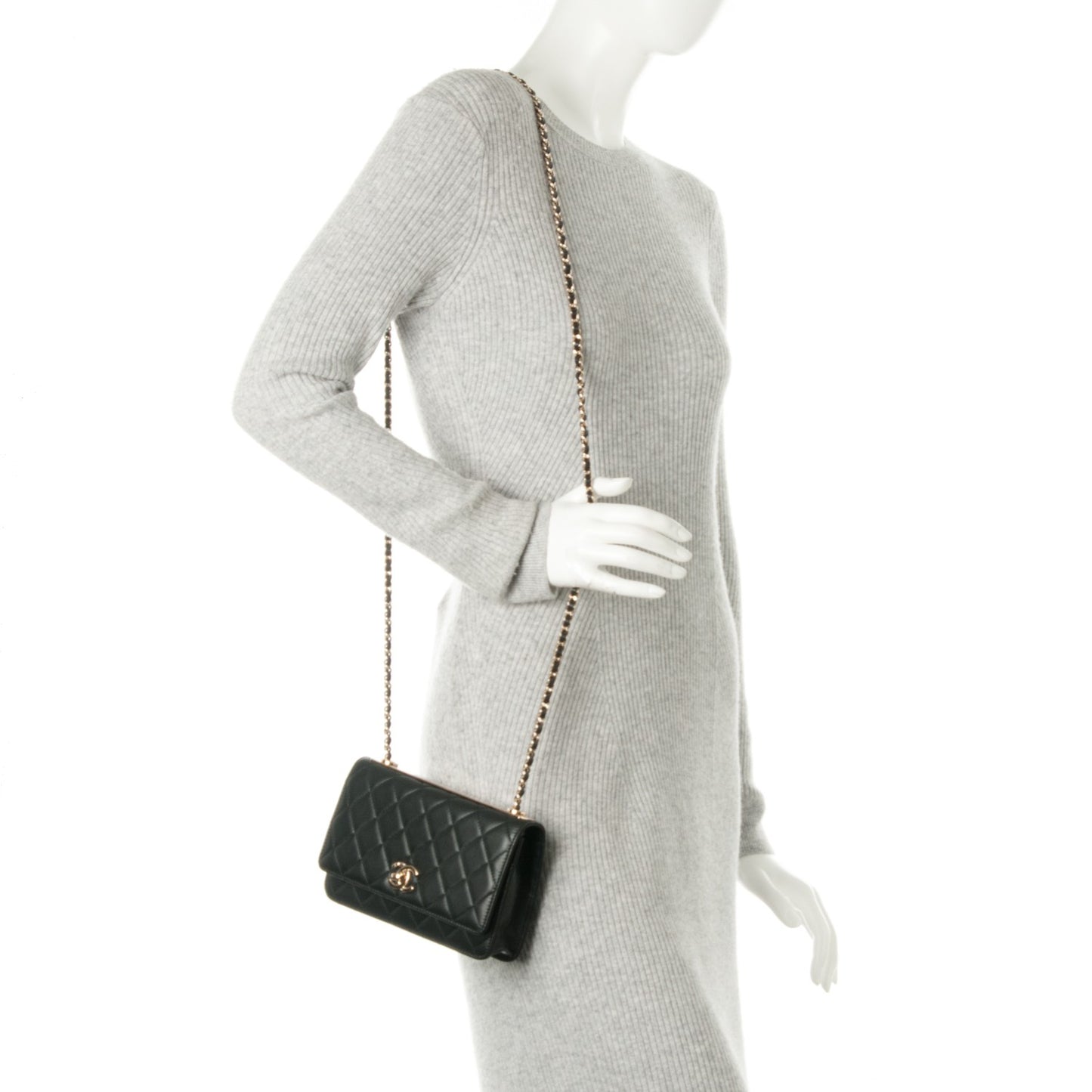 Lambskin Quilted Trendy CC Wallet On Chain WOC Black