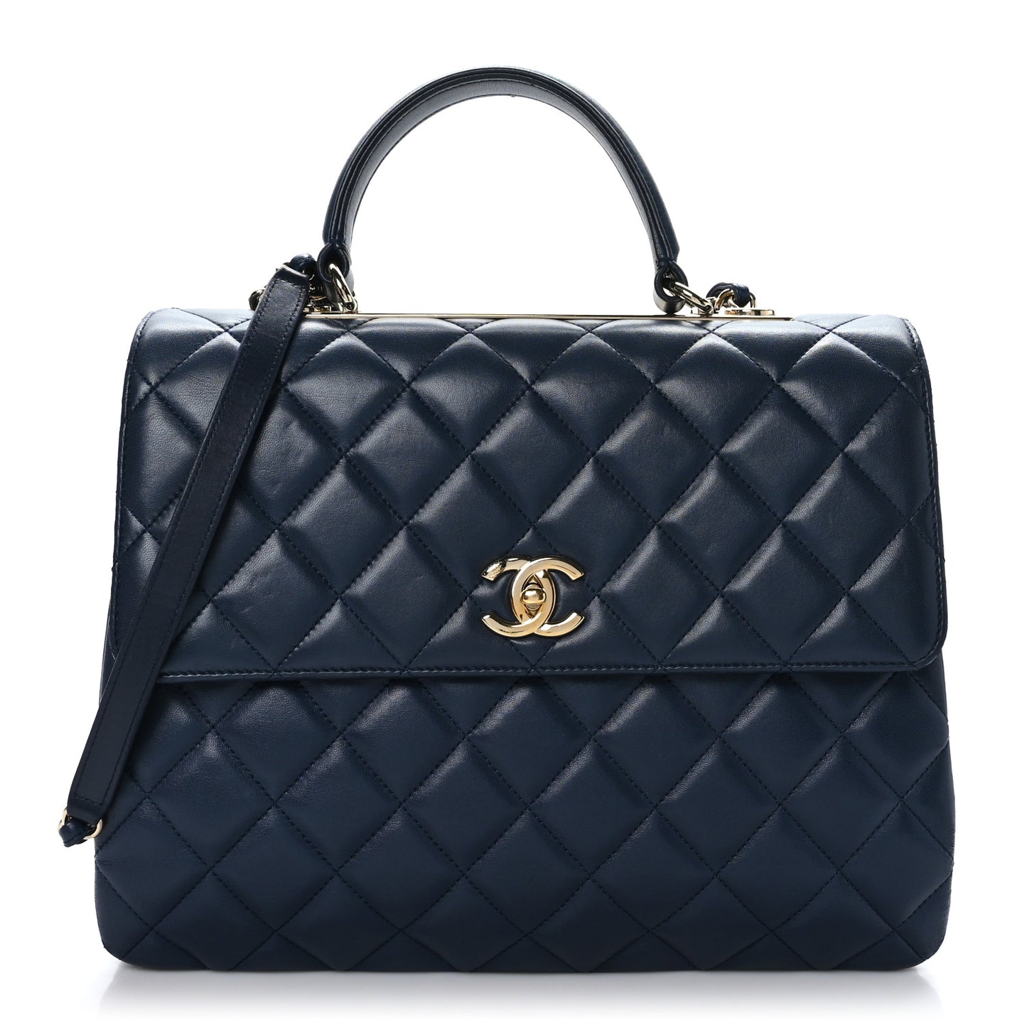 Lambskin Quilted Large Trendy CC Flap Dual Handle Bag Navy Blue