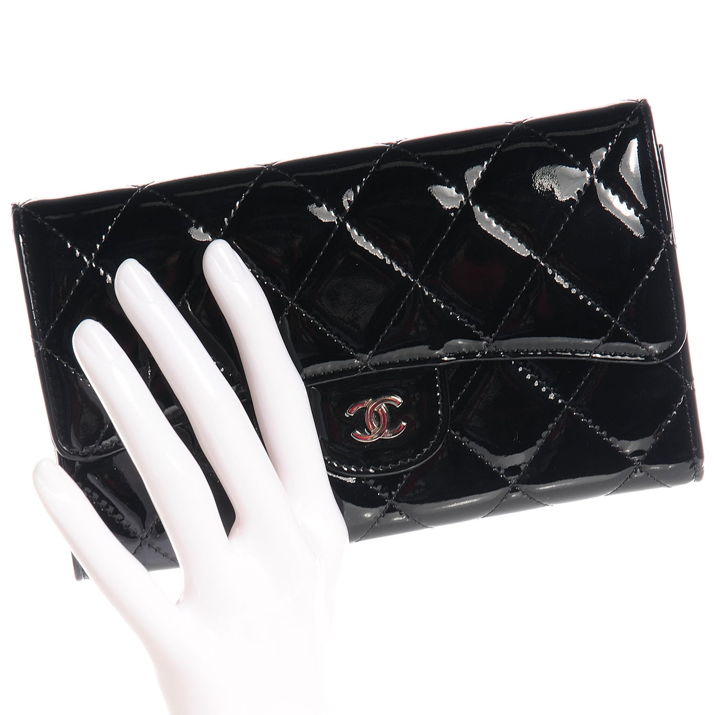 Patent Quilted Large Flap Wallet Black