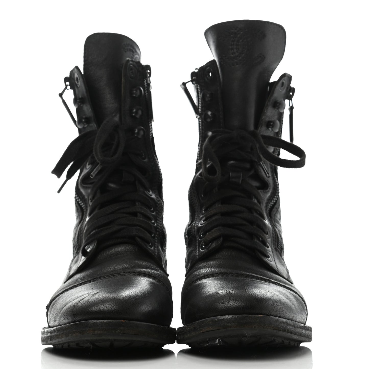 Calfskin Quilted Lace Up Combat Boots 40 Black